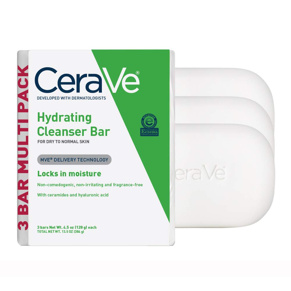 CeraVe Hydrating Cleanser Bar – Soap-Free Facial & Body Cleanser with 5% Moisturizing Cream, Fragrance-Free (3 Pack, 4.5 oz Each)