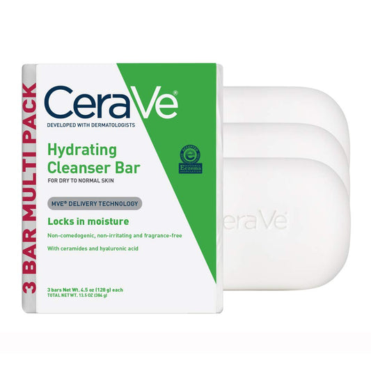 CeraVe Hydrating Cleanser Bar – Soap-Free Facial & Body Cleanser with 5% Moisturizing Cream, Fragrance-Free (3 Pack, 4.5 oz Each)