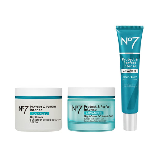 No7 Protect & Perfect Anti-Aging Skincare Set – Day Cream, Night Cream & Face Serum (3-Piece Kit)