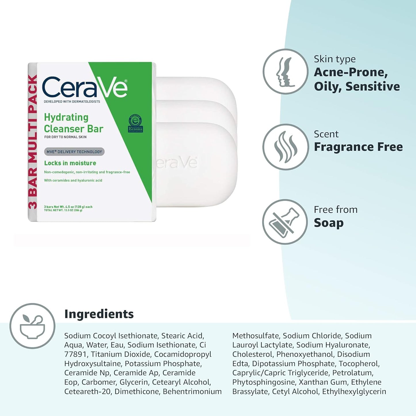 CeraVe Hydrating Cleanser Bar – Soap-Free Facial & Body Cleanser with 5% Moisturizing Cream, Fragrance-Free (3 Pack, 4.5 oz Each)